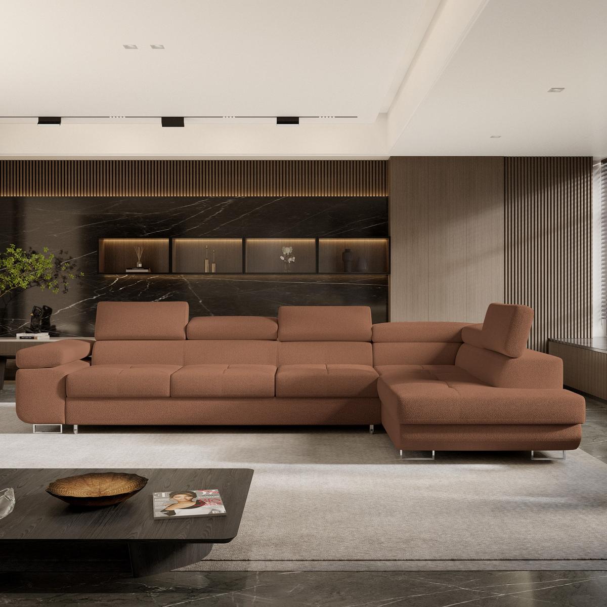 ECKSOFA VICENTE Kupferfarben Boucle-Stoff mit Schlaffunktion - Kupferfarben, Holz (346/202cm) - MASSENO