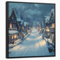 LEINWAND Bilder mit Rahmen - Weihnachtsdorf - Weihnachten - Schnee - Winter - 50x50 - Dunkelblau, Textil (50/50cm) - MuchoWow
