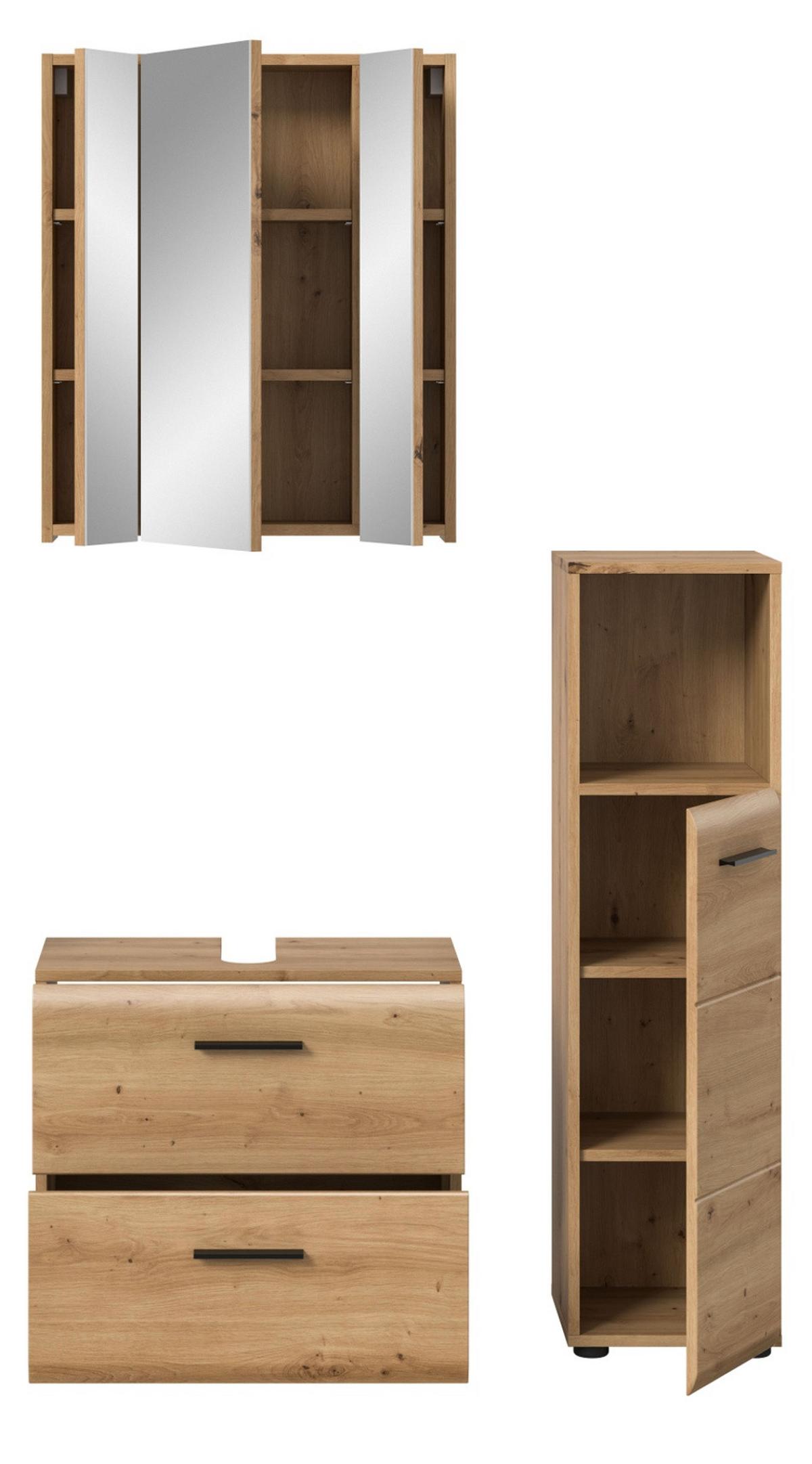 BADMÖBEL Set Eiche Artisan 3-teilig, Badkombination 105 cm, modernes Design, Cover - Schwarz/Eiche Artisan, Glas/Holzwerkstoff (105/185/30cm) - Inn.Furn