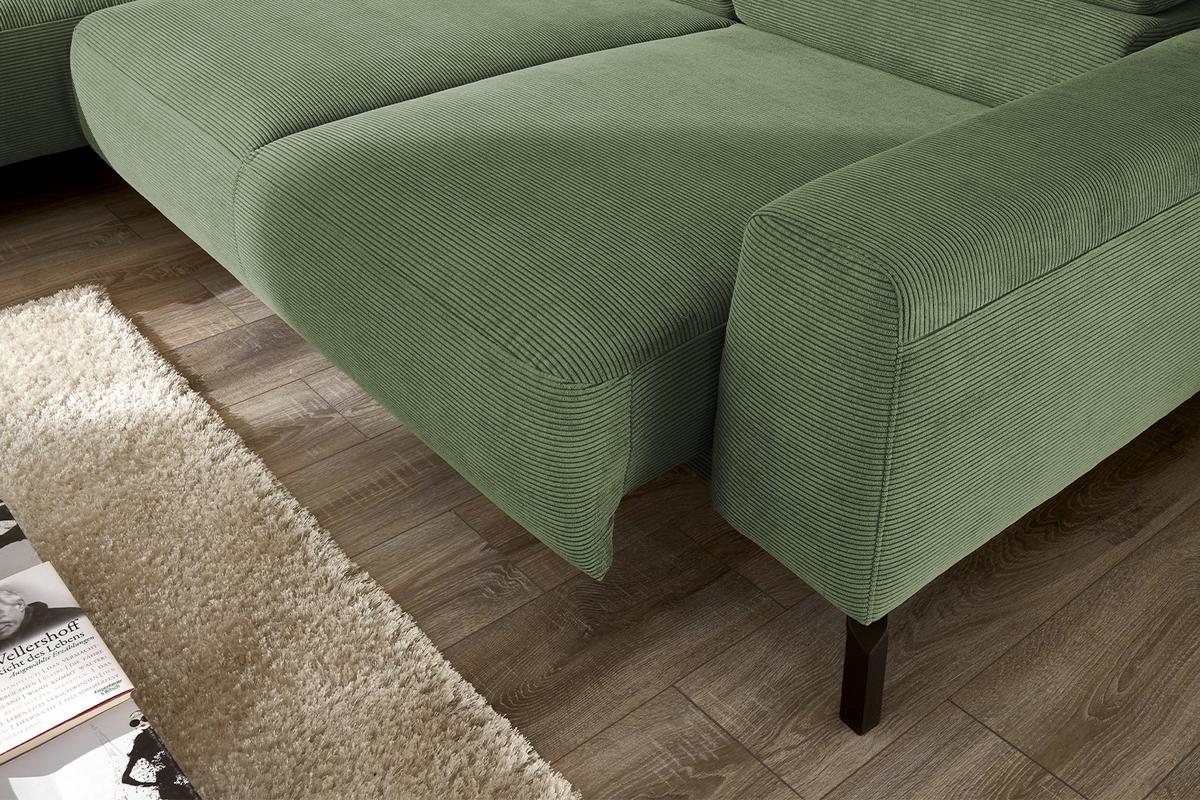 ECKSOFA MIT MOTORISCHEM SITZVORZUG DELIA Grün Cord Relaxfunktion - Schwarz/Olivgrün, Textil/Metall (276/219cm) - KAWOLA