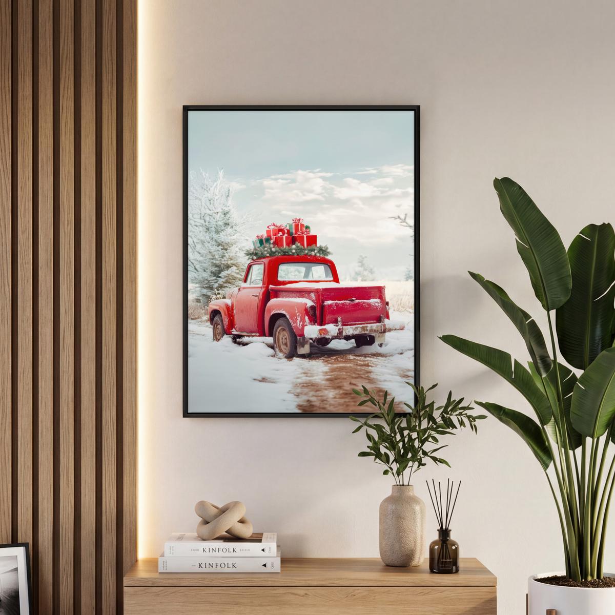 LEINWAND Bilder mit Rahmen - Auto - Rot - Geschenke - Winter - Schnee - Weihnachten - 60x80 - Rot, Textil (60/80cm) - MuchoWow