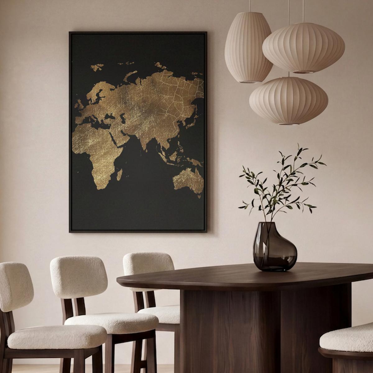LEINWAND Bilder mit Rahmen - Weltkarte - Gold - Luxus - Erde - Schwarz - 90x140 - Goldfarben, Textil (90/140cm) - MuchoWow