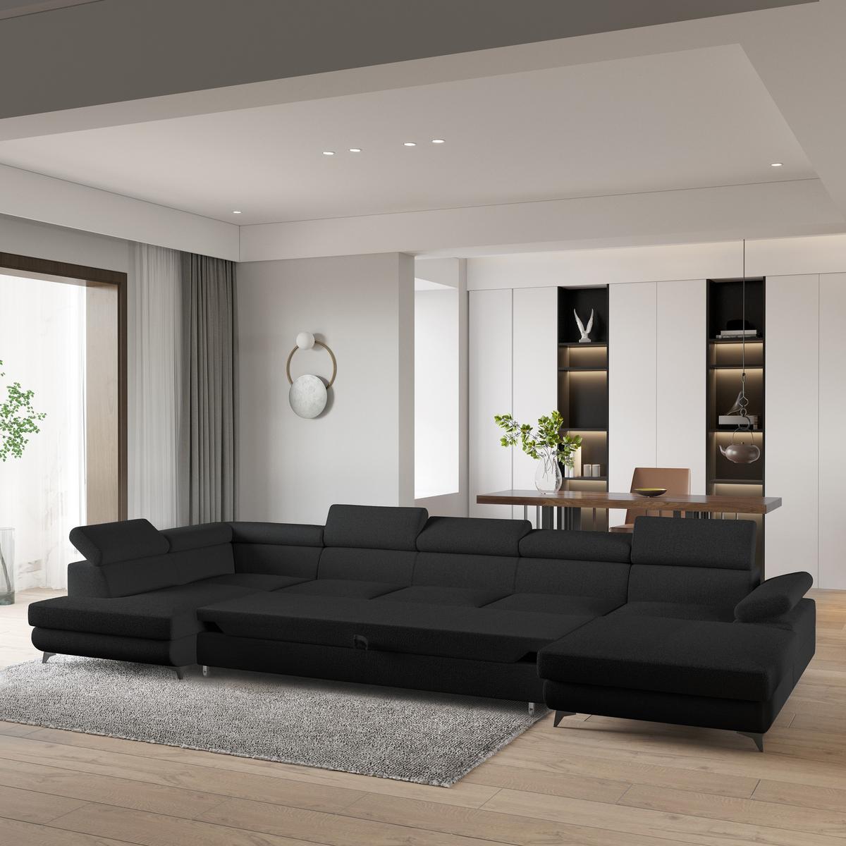 WOHNLANDSCHAFT MONTIVA Schwarz Boucle-Stoff mit Schlaffunktion - Schwarz, Holz (410/89/190cm) - MASSENO