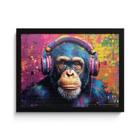 POSTER MIT RAHMENGERAHMTES BILD Graffiti - Schimpanse - Straßenkunst - Kopfhörer - Affe 40x30 cm - Blau, Papier (40/30cm) - MuchoWow