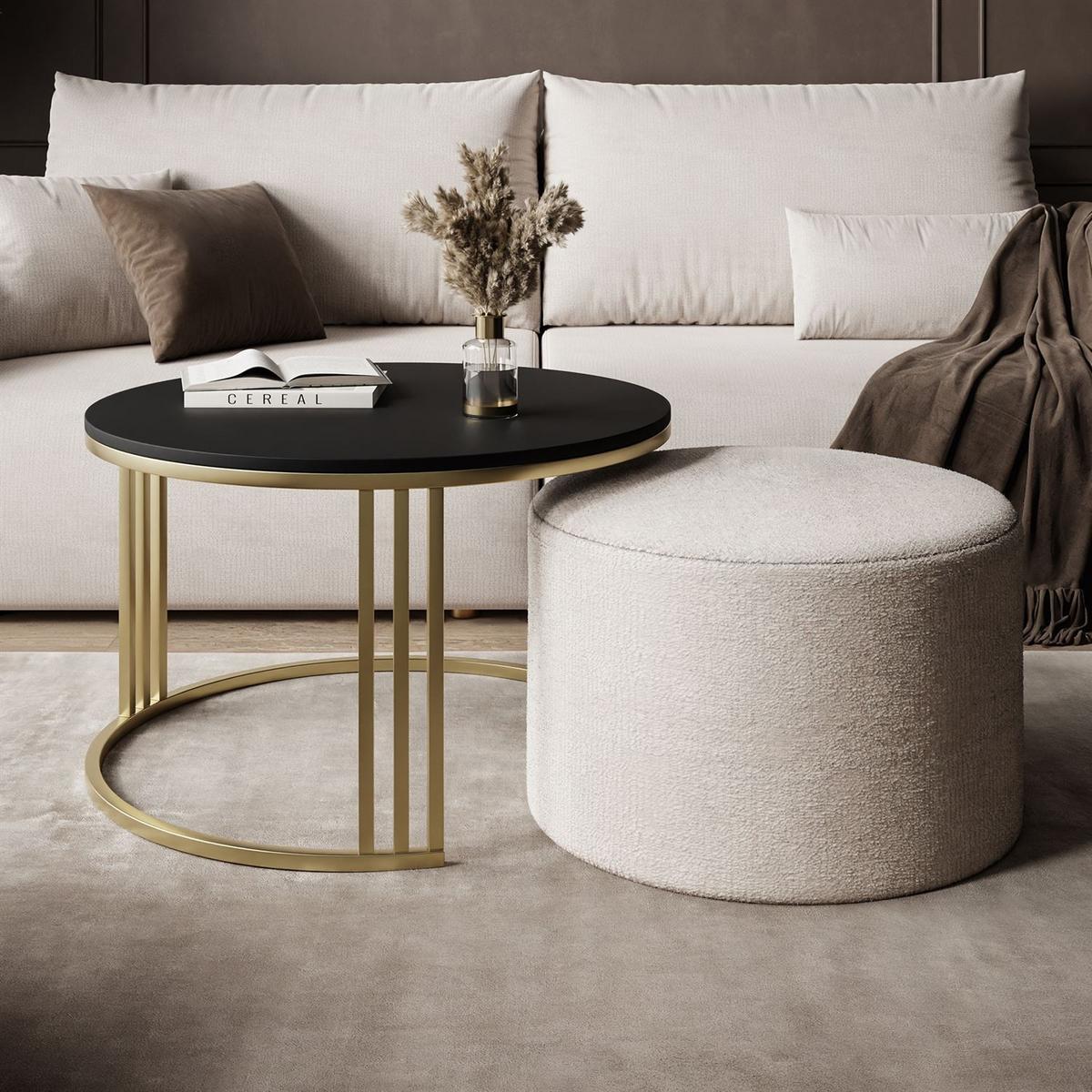 COUCHTISCH mit Hocker LORI MAT gebürstetes Gold/schwarz matt/Perfect Harmony 01 - Schwarz, Metall (70/70/49cm) - Lookway