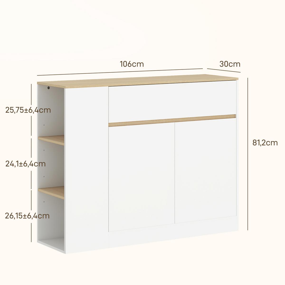 SIDEBOARD Küchenschrank mit Schublade, verstellbare Ablage, Aufbewahrungsschrank - Weiß/Naturfarben, Holz/Holzwerkstoff (30/81.2/106cm) - HOMCOM