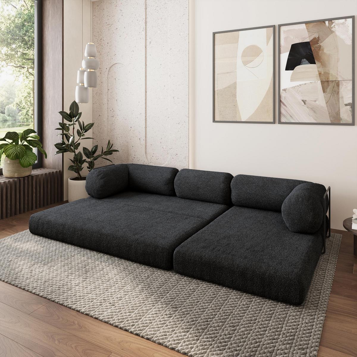 ECKSOFA KELI modulares Boneless Sofa mit Schlaffunktion Schwarz Boucle-Stoff - Schwarz, Textil (270/160cm) - MASSENO