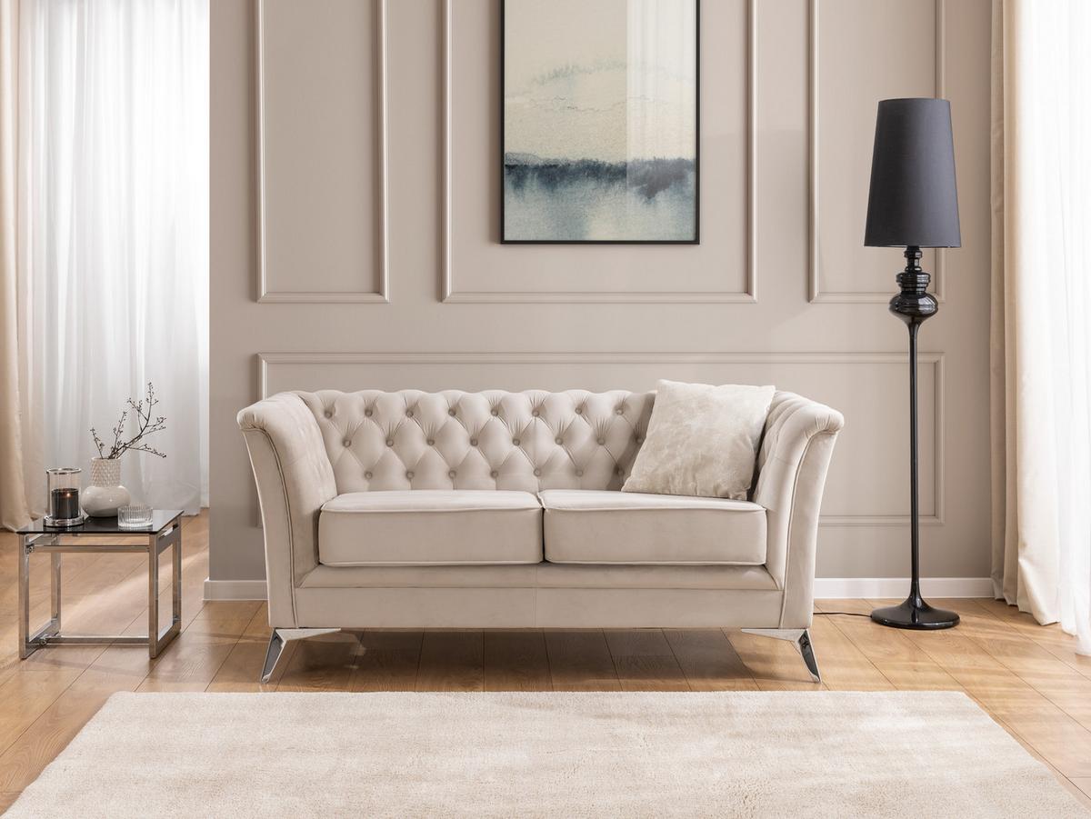 SITZGARNITUR 3+2+1 Chesterfield Whitby Beige Samt mit silbernen Füßen - Beige/Silberfarben, Holz/Textil (237/78/82cm) - S-Style Möbel