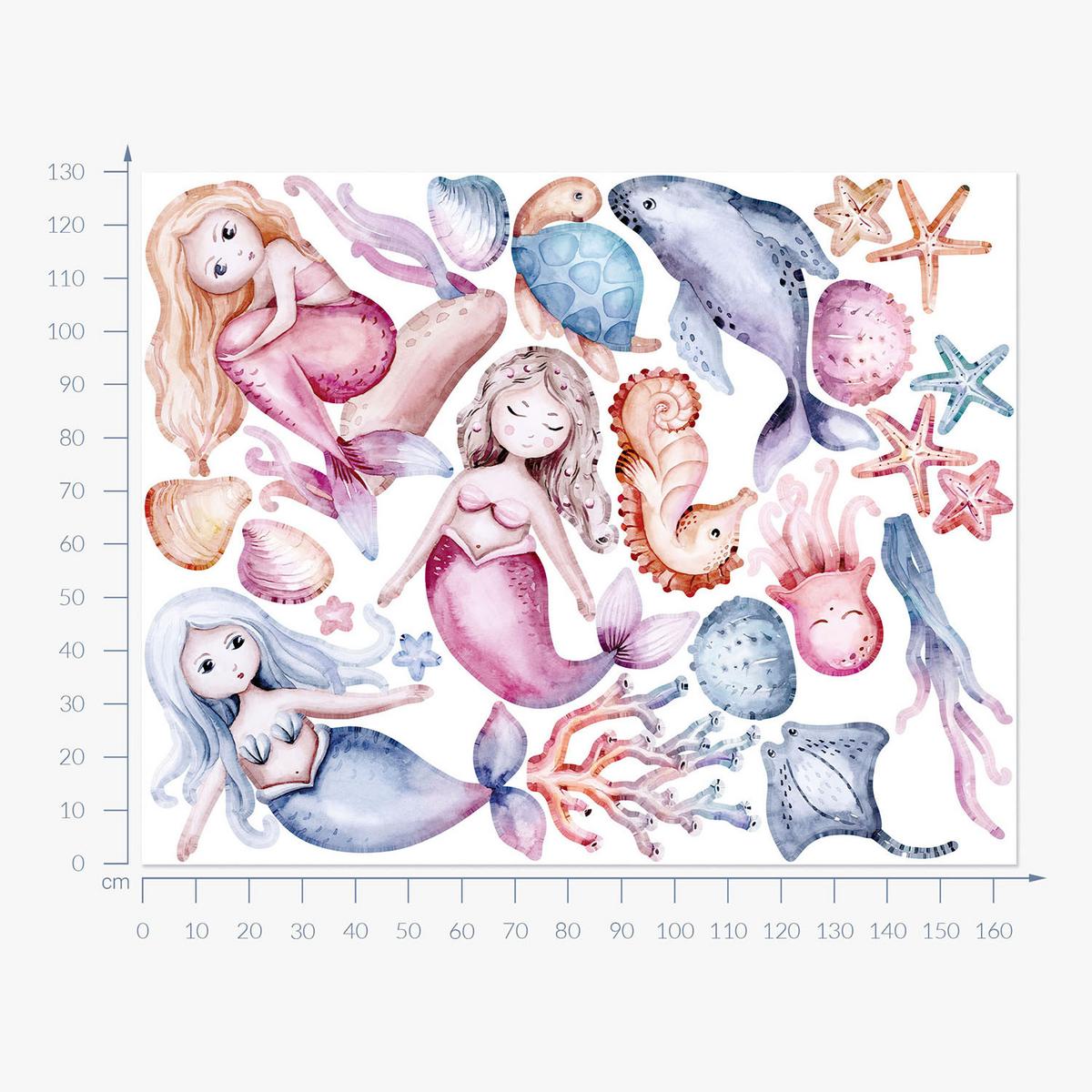 WANDAUFKLEBER 130x164cm - Die Welt der kleinen Meerjungfrauen - Multicolor, Kunststoff (130/164/0.1cm) - Wallfluent