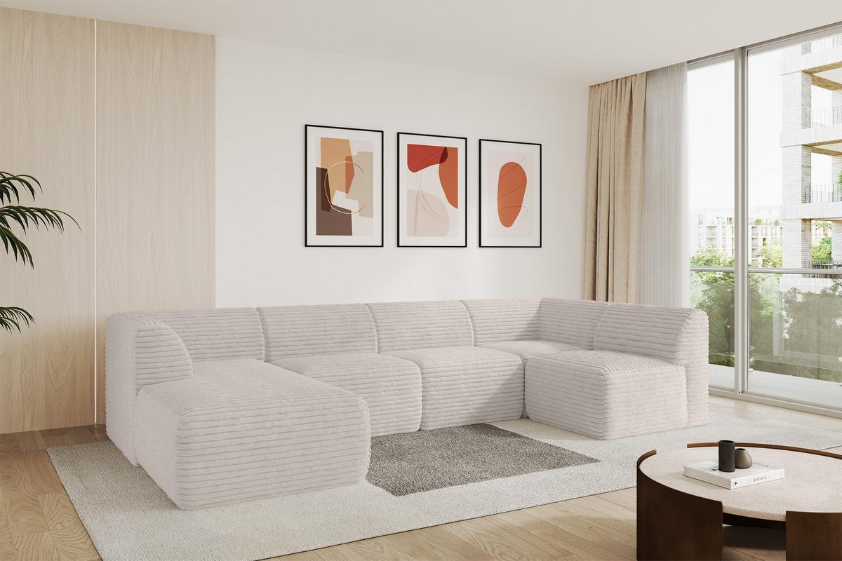 WOHNLANDSCHAFT Ottomane Links MOVO-L 345x180x78 cm Creme Cord - Creme, Holzwerkstoff/Kunststoff (345/78/180cm) - ALTDECOR