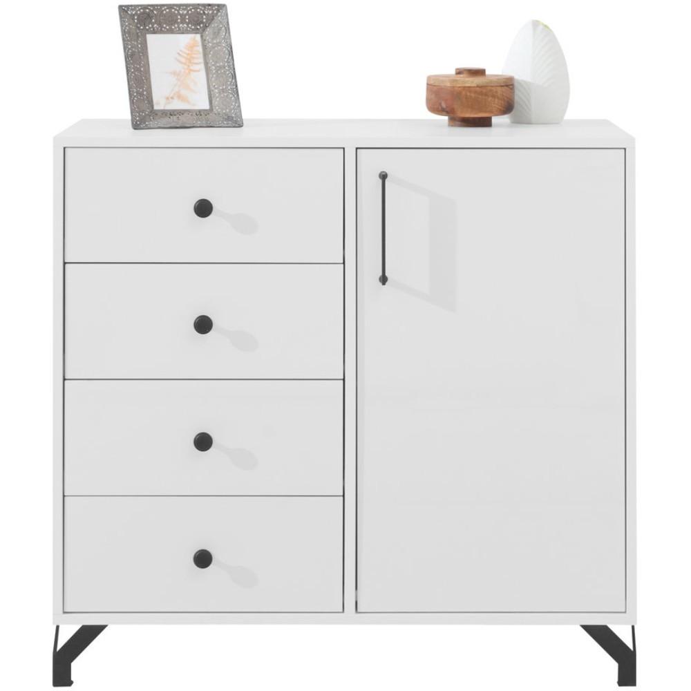 KOMMODE Bergo für Jugendzimmer, mit 1 Tür und 4 Schubladen - Weiß Hochglanz/Schwarz, Holzwerkstoff/Metall (90/85/40cm) - Beautysofa