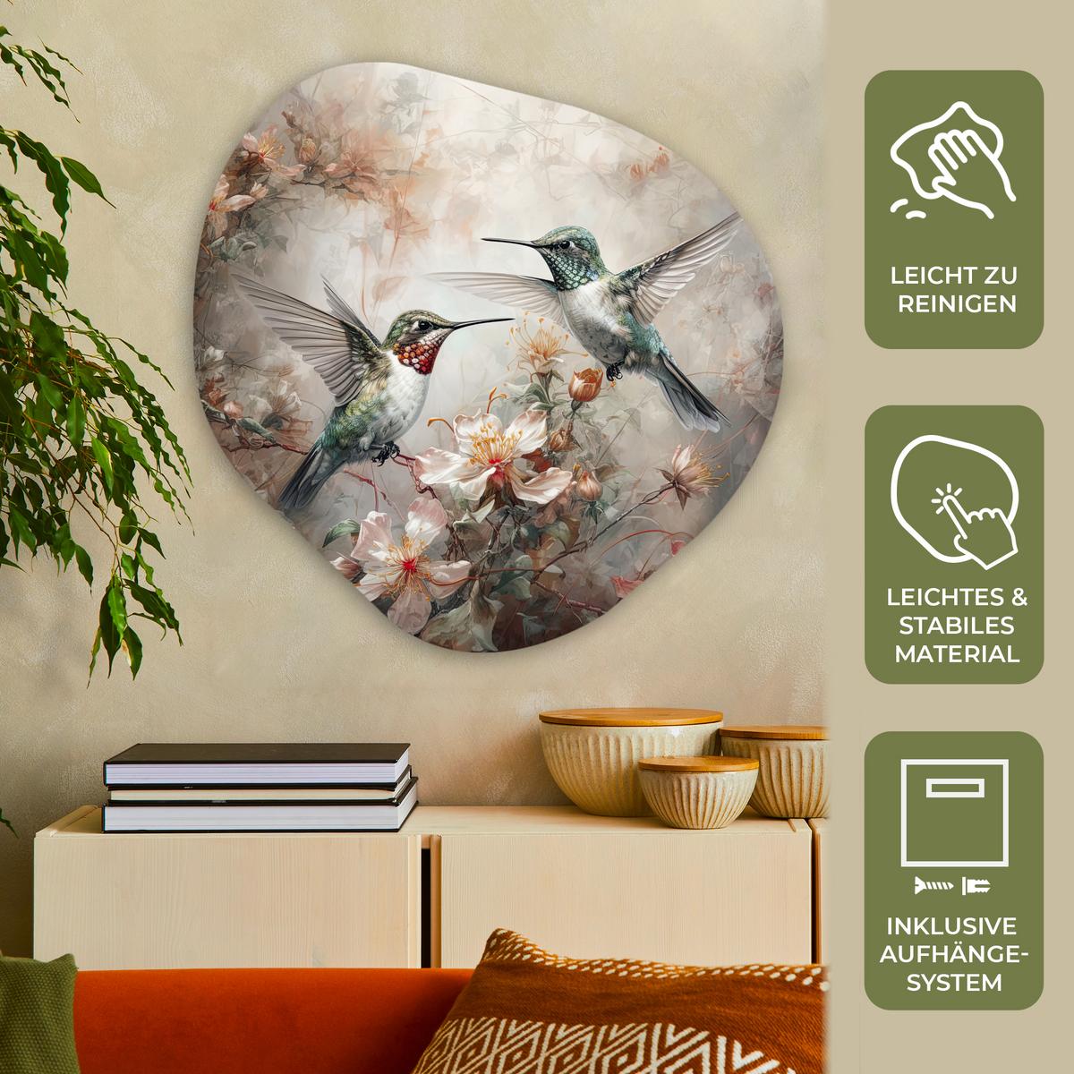 WANDBILD Kolibri - Vögel - Blumen - Pflanzen Room Decor 90x90 cm - Hellgrün, Kunststoff (90/90cm) - MuchoWow