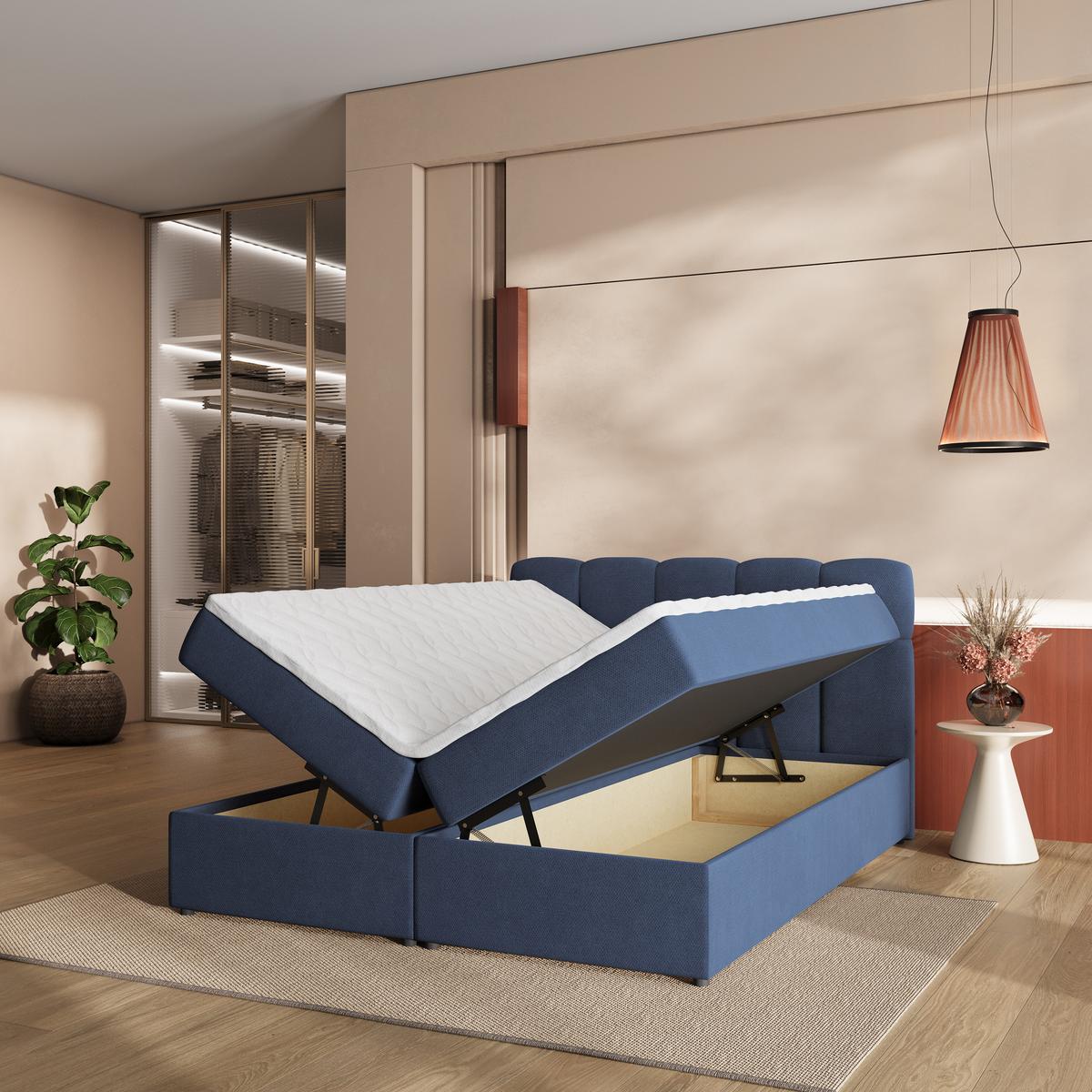 BOXBETT MERU 180x200 cm mit Matratze und Topper - Blau - Blau, Holz (180/200cm) - MASSENO