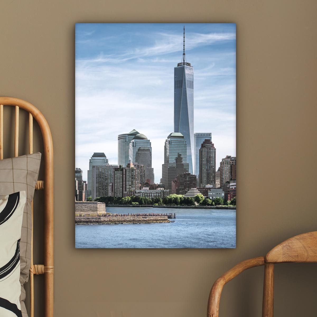 LEINWANDBILD New York - Freiheitsstatue - Wasser Wandbild Wohnzimmer 60x80 cm - Hellblau, Textil (60/80cm) - MuchoWow
