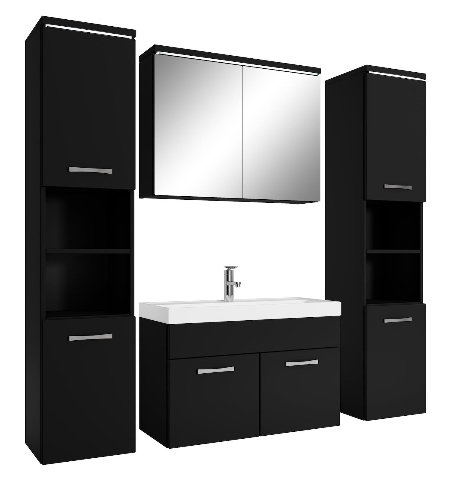BADMÖBEL-SET Paso LED 5 Teile Schwarz Matt - 80 x 35 x 55 cm - Schwarz, Holz (80/55/40cm) - Badplaats