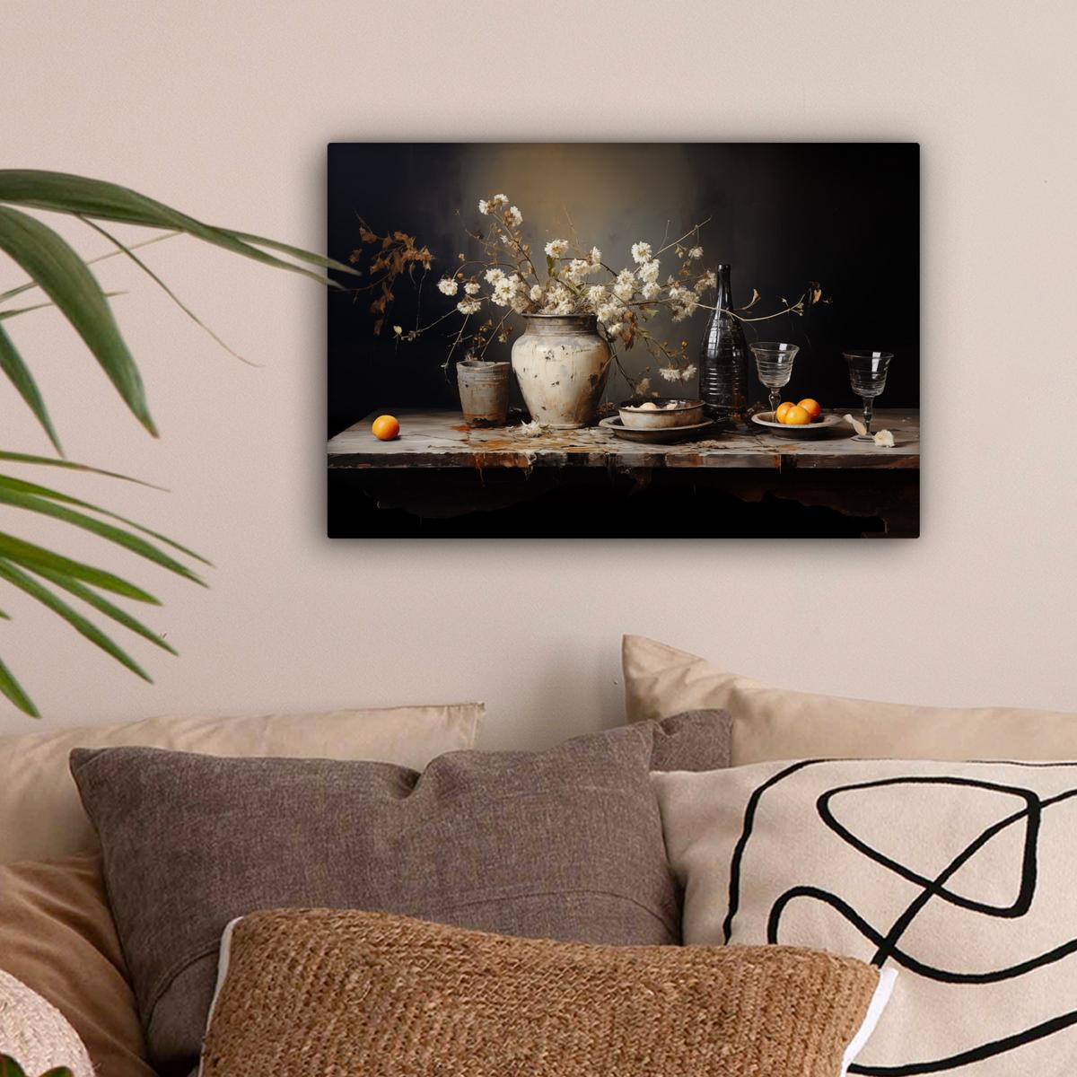 LEINWANDBILD Stilleben - Blumen - Blumenstrauß - Vase - Wein Deko Schlafzimmer 30x20 cm - Schwarz, Textil (30/20cm) - MuchoWow