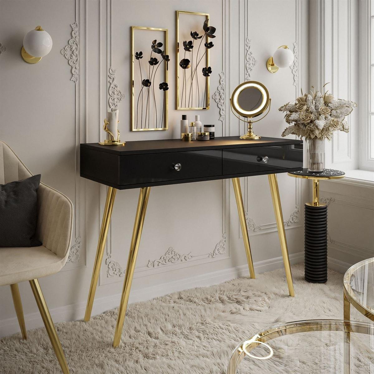 KONSOLE SIENNA GOLD mit Schubladen auf goldenen Beinen - Schwarz Hochglanz/Goldfarben, Holzwerkstoff (100/81/42cm)