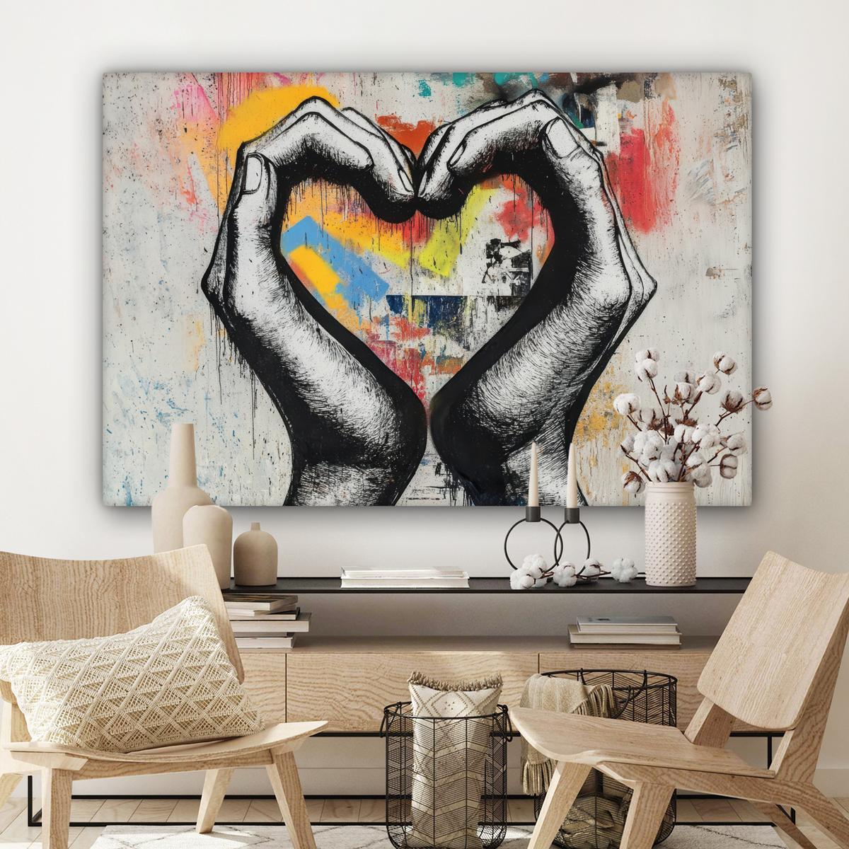 LEINWANDBILD Hände - Herz - Straßenkunst - Graffiti Wohnzimmer Groß 120x80 cm - Multicolor, Textil (120/80cm) - MuchoWow