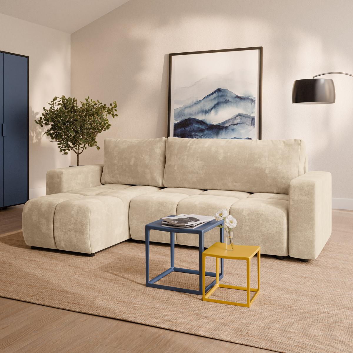 ECKSOFA RAMIL Creme Chenille mit Schlaffunktion - Creme, Holz (240/149cm) - MASSENO