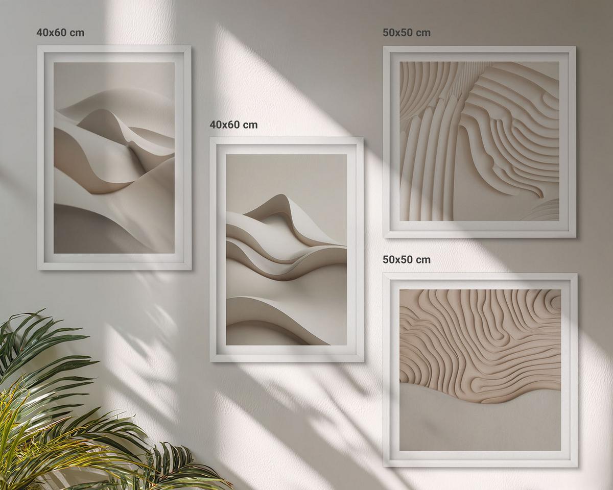 BILDER SET 4er Set - 50x50 cm & 40x60 cm Weißer Rahmen - Abstrakte beige Wellen - Weiß, Kunststoff (50/50cm) - TULUP