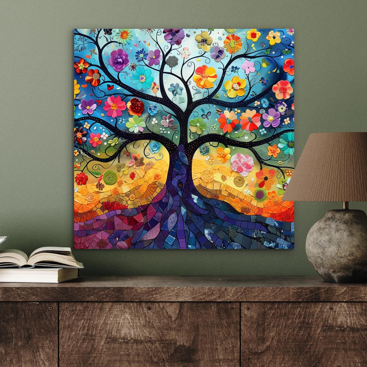 METALLBILD Kunst - Baum des Lebens - Blumen - Hippie 50x50 cm - Dunkelblau, Metall (50/50cm) - MuchoWow