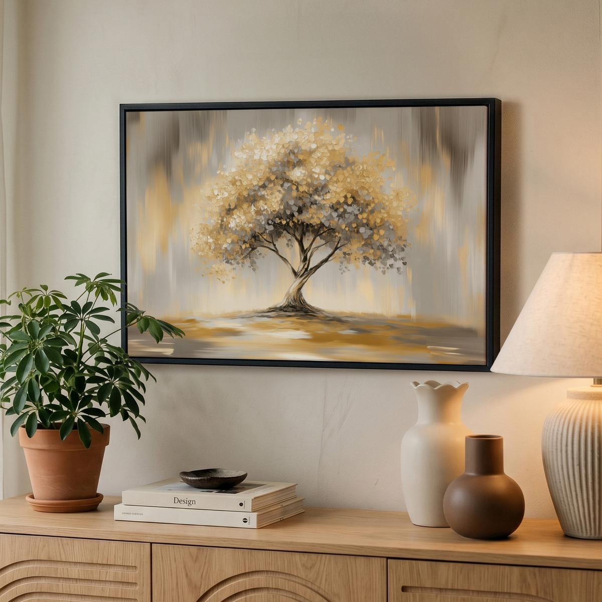 LEINWAND Bilder mit Rahmen - Gemälde - Baum - Abstrakt - Blätter - 60x40 - Beige, Textil (60/40cm) - MuchoWow
