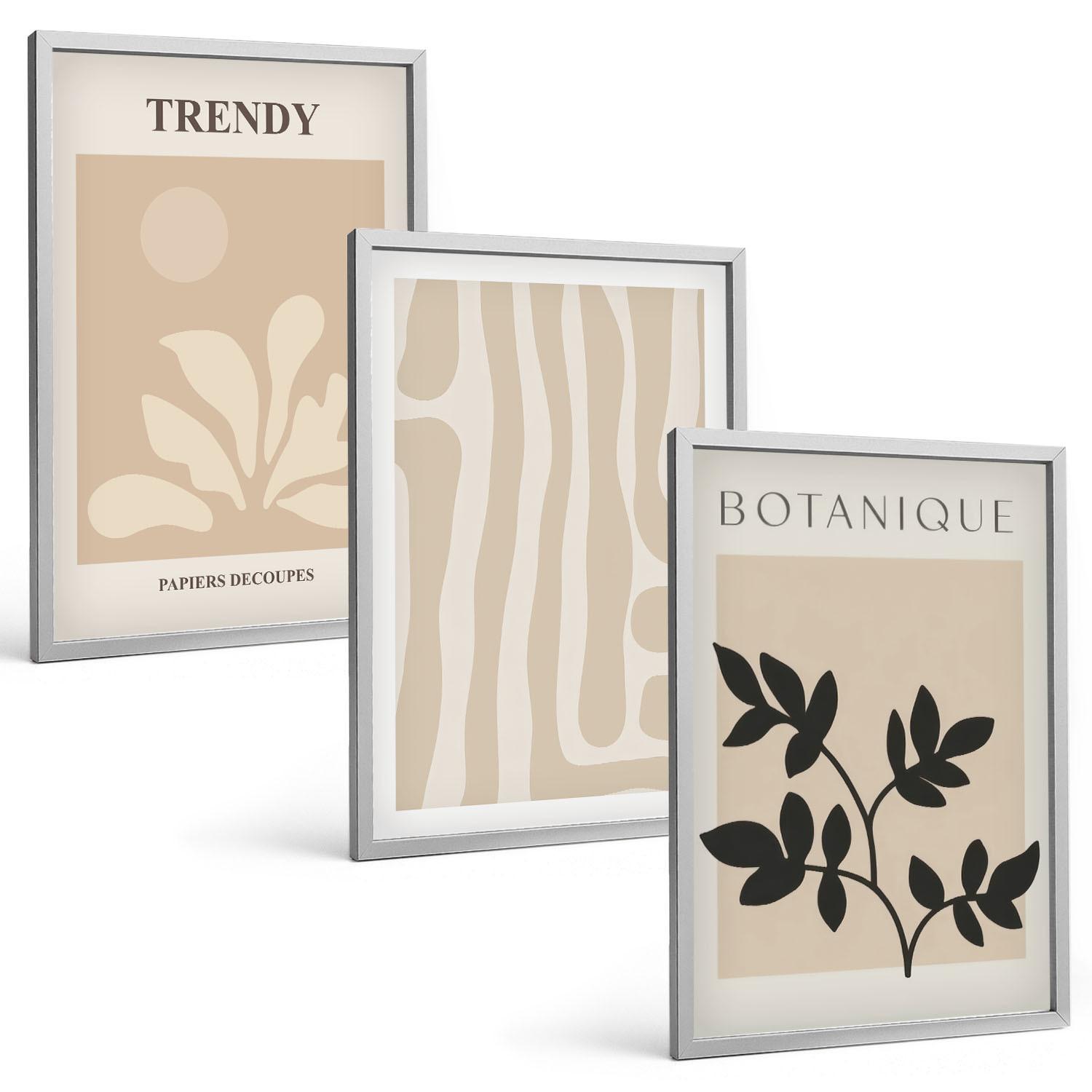 BILDER SET 3er Set - 40x60 cm Silberner Rahmen - Stilvolle Pflanzenmuster in Beige und Schwarz - Silberfarben, Kunststoff (40/60cm) - TULUP