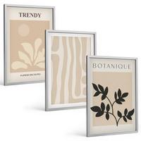 BILDER SET 3er Set - 40x60 cm Silberner Rahmen - Stilvolle Pflanzenmuster in Beige und Schwarz - Silberfarben, Kunststoff (40/60cm) - TULUP