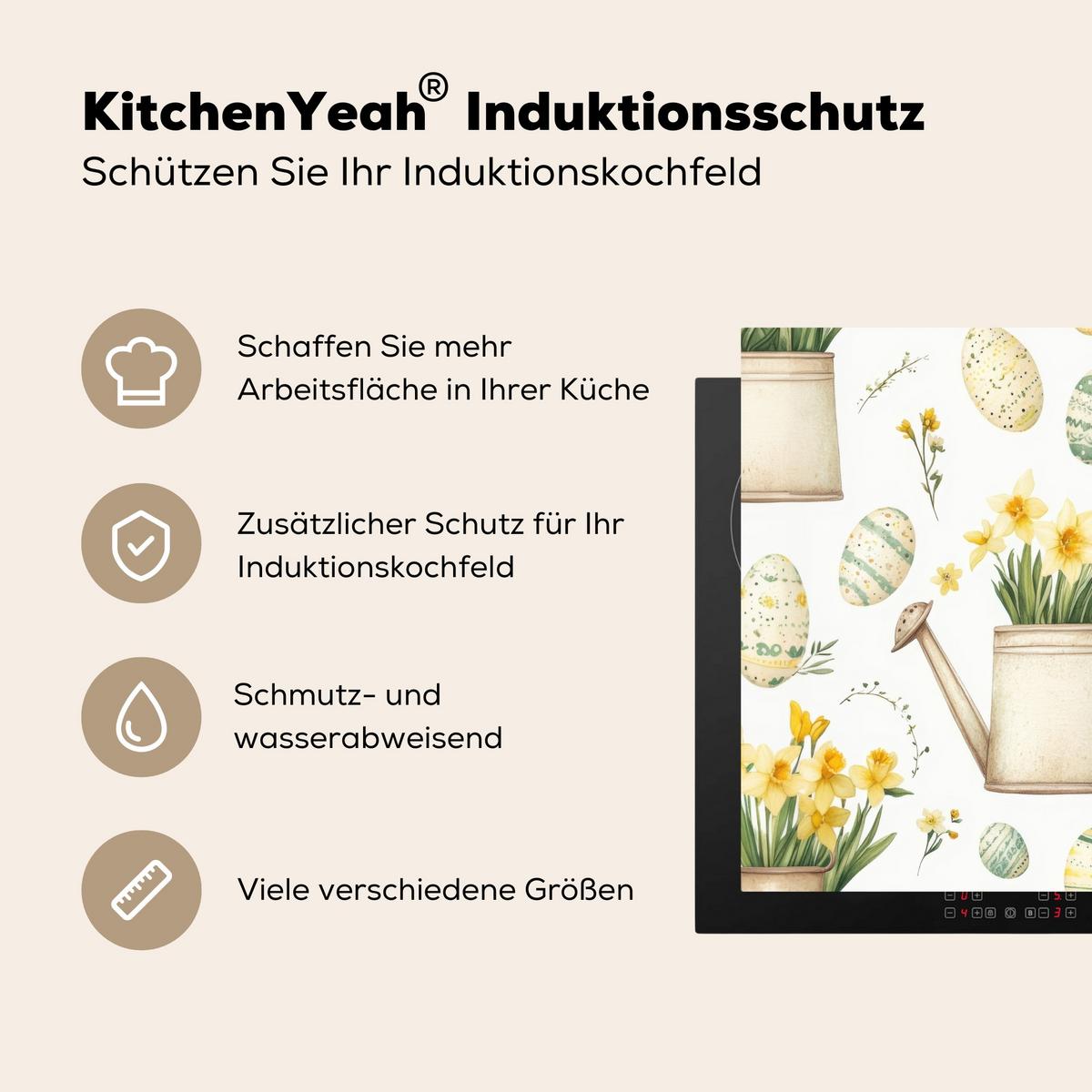 HERDABDECKPLATTE Gießkanne - Blumen - Eier Abdeckung Ceranfeld 58.3x51.3 cm - Weiß, Kunststoff (58.3/51.3/0.2cm) - MuchoWow