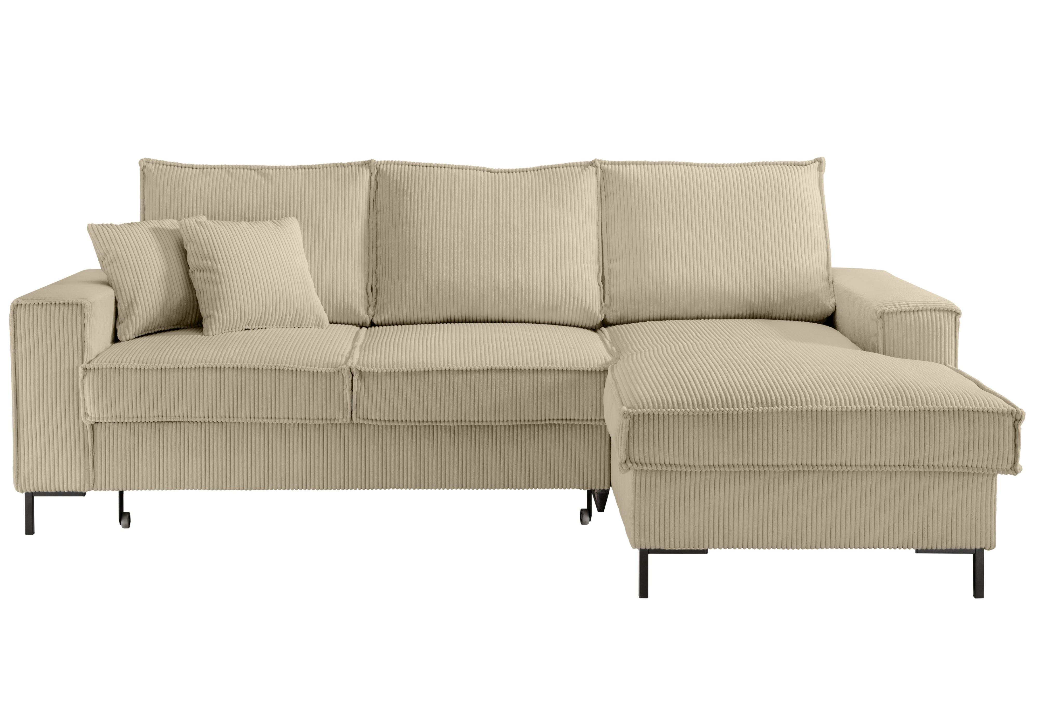 ECKSOFA mit Schlaffunktion, Bettkasten, Wellenunterfederung, Récamiere rechts B240/T150/H92 cm, Liegefl. 125x198 cm, Cord Beige Grau / 17220 - Greige/Schwarz, Textil/Metall (240/150cm) - luma-home