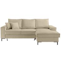 ECKSOFA mit Schlaffunktion, Bettkasten, Wellenunterfederung, Récamiere rechts B240/T150/H92 cm, Liegefl. 125x198 cm, Cord Beige Grau / 17220 - Greige/Schwarz, Textil/Metall (240/150cm) - luma-home