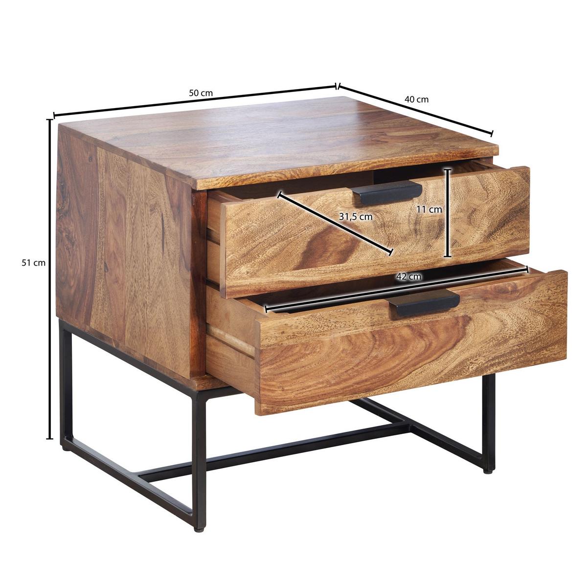 NACHTTISCH – Massivholz/Eisen, 50x40x51 cm, 2 Schubladen, Industrial-Stil - Schwarz/Braun, Holz/Metall (50/51/40cm) - KADIMA DESIGN