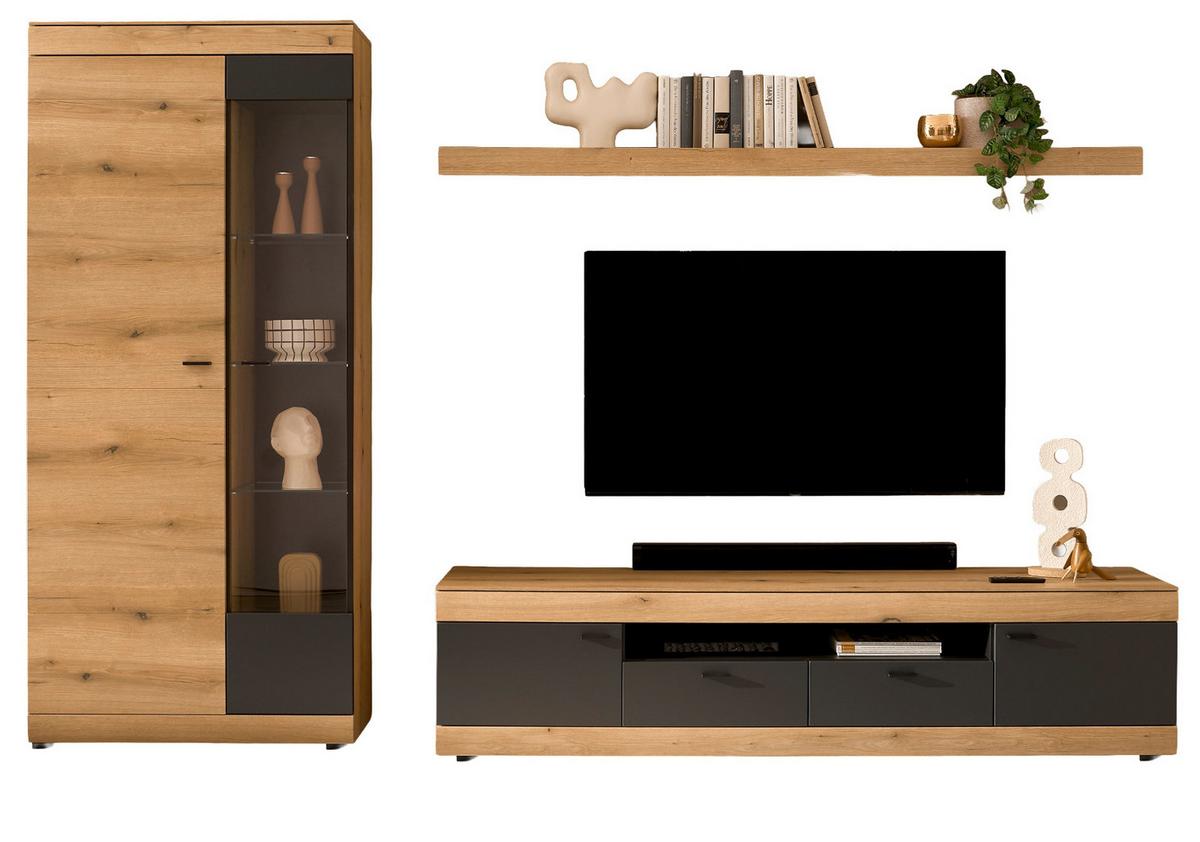WOHNWAND Eiche, grau 300 x 201 cm, Wohnzimmer Set mit Soft-Close - Kaschmir/Eichefarben, Glas/Holzwerkstoff (300/201/45cm) - Furn.Design