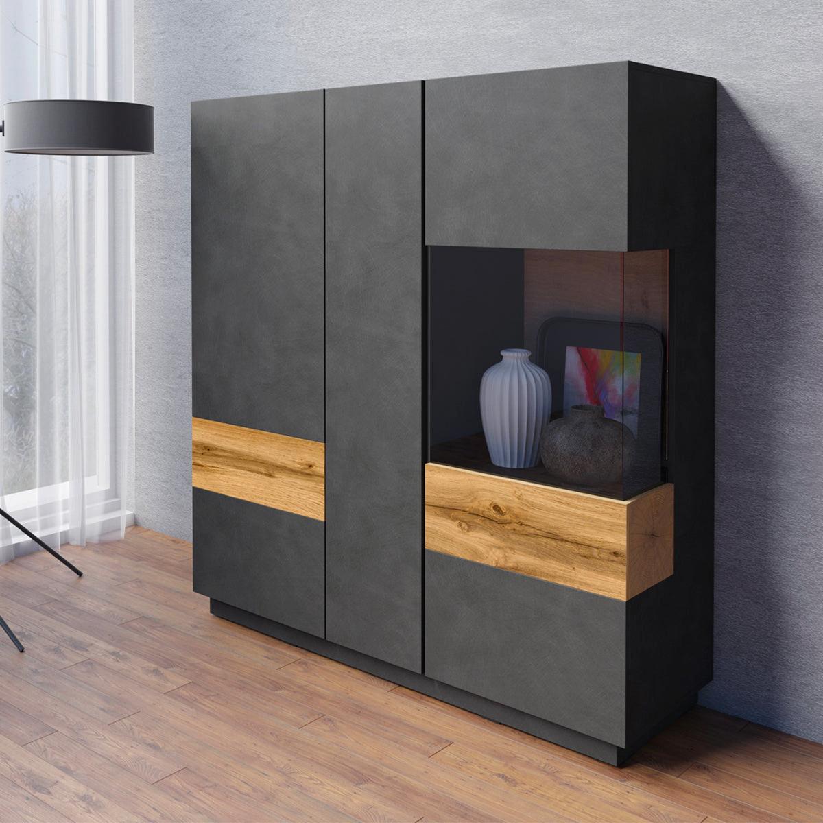 GESCHIRRSCHRANK Andrea Anthrazitgrau und Holz - Grau, Holzwerkstoff (130/139/40cm) - Petits-meubles