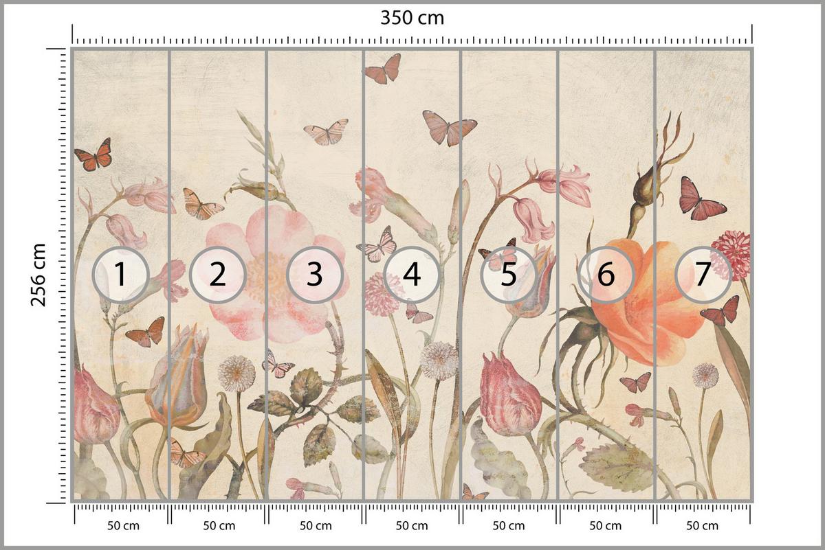 FOTOTAPETE für Kinderzimmer Wiesenblumen Aquarell Schmetterlinge Boho 350x256 - Beige/Rot, Papier (350/256cm) - Muralo