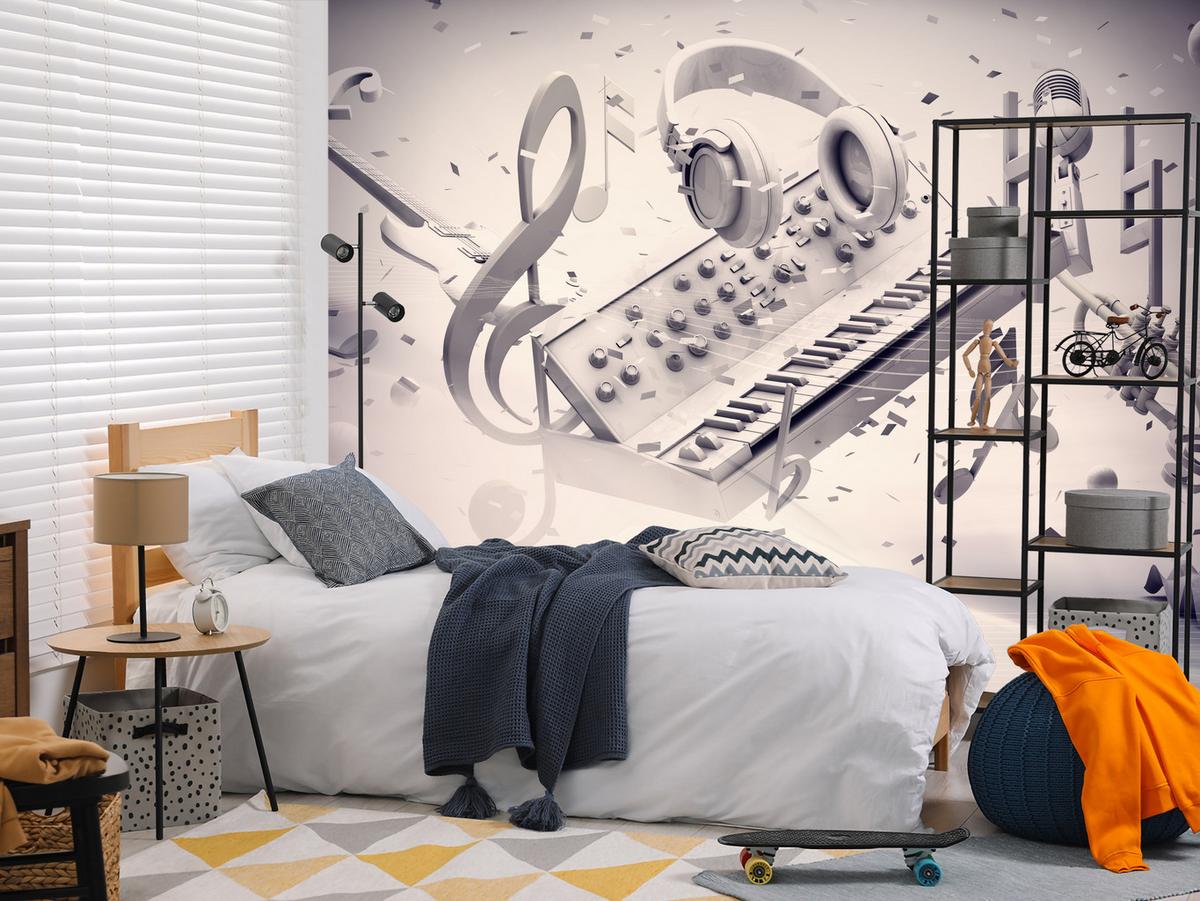 FOTOTAPETE für Jugendzimmer Modern Kollage Musik Klavier Noten Kopfhörer 350x256 - Grau, Papier (350/256cm) - Muralo