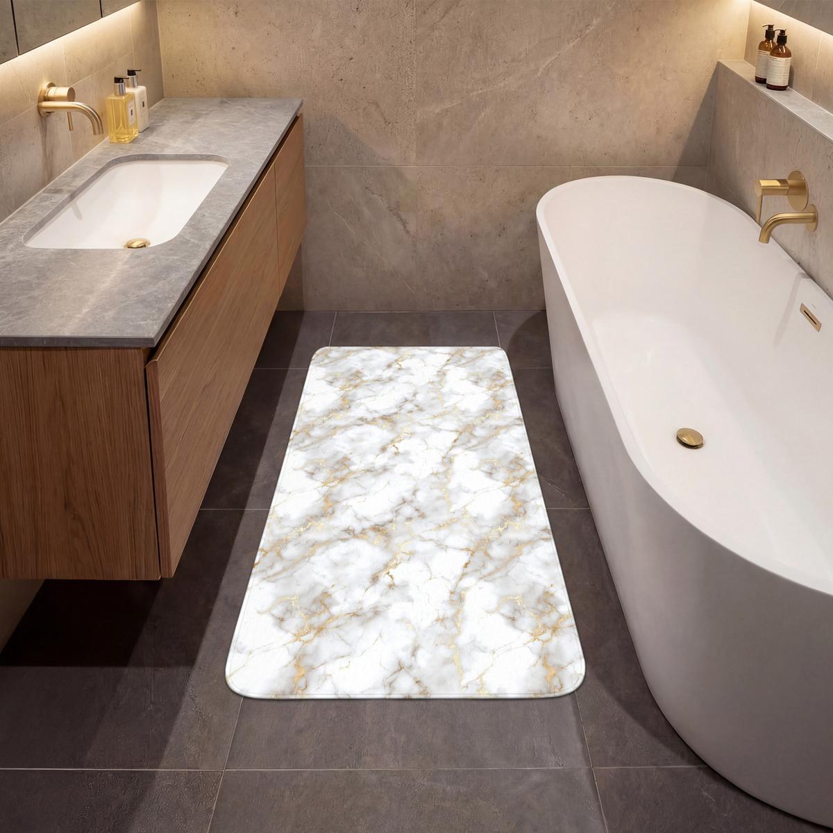 BADEMATTE Goldene Adern - Marmor - Weiß 60x120 cm - Weiß, Textil (60/120cm) - OnlyWow
