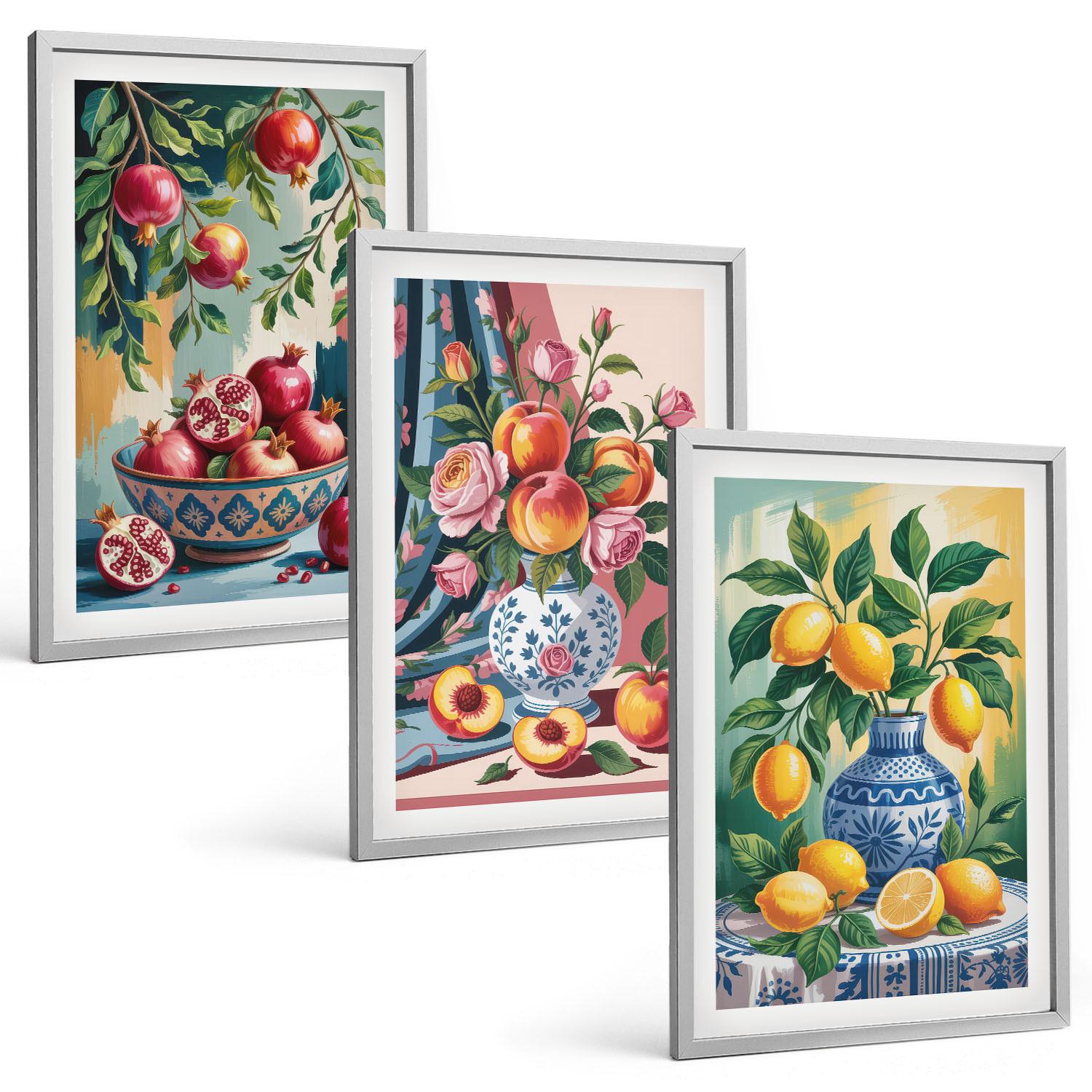 BILDER SET 3er Set - 40x60 cm Silberner Rahmen - Blumen und Früchte in Vasen - Silberfarben, Kunststoff (40/60cm) - TULUP