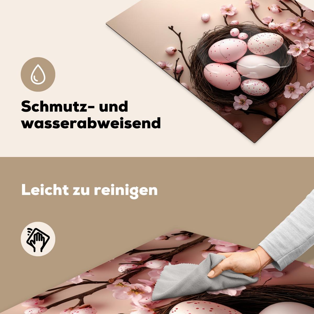 HERDABDECKPLATTE Rosa - Blüten - Eier Induktionsmatte 71x52 cm - Hellrosa, Kunststoff (71/52/0.2cm) - MuchoWow