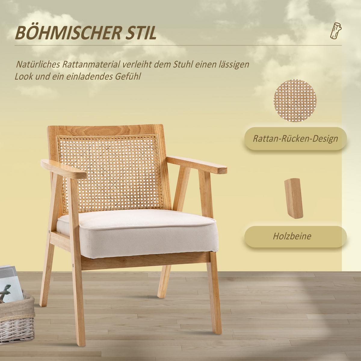 SESSEL Wohnzimmer Relaxsessel mit Armlehnen, Sitzkissen, Rattan-Rückenlehne - Weiß, Kunststoff (63/78/69cm) - HOMCOM