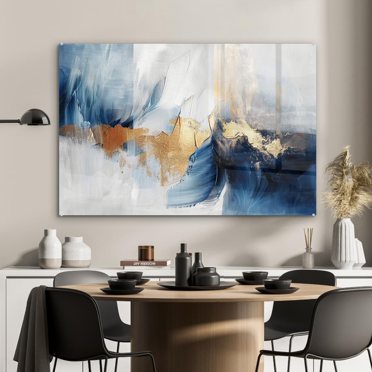ACRYLGLASBILD Gold - Blau - Aquarell - Kunst - Modern Wandbild Schlafzimmer 120x80 cm - Hellblau, Glas (120/80cm) - MuchoWow