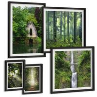 BILDER SET 5er Set - 50x50 cm & 20x30 cm & 40x60 cm Schwarzer Rahmen - Grüne Wälder, Lichtstrahlen - Schwarz, Kunststoff (40/60cm) - TULUP