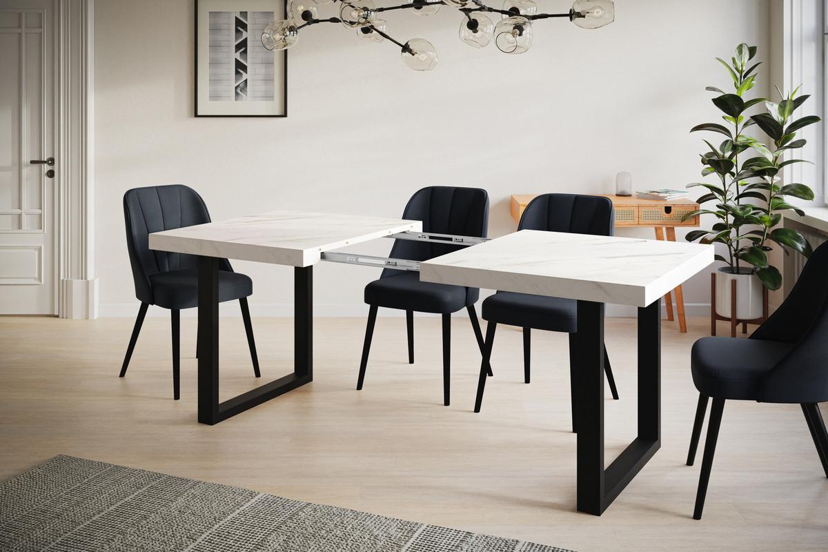 INDUSTRIELLER Esszimmertisch LOFT-U, ausziehbarer Tisch, Größe: 140-240X80X77 cm, Wohnzimmertisch Farbe: MARMUR, mit Metallbeinen in Farbe Schwarz - Hellgrau/Schwarz, Holzwerkstoff (140/80/77cm) - Alpi-Möbel