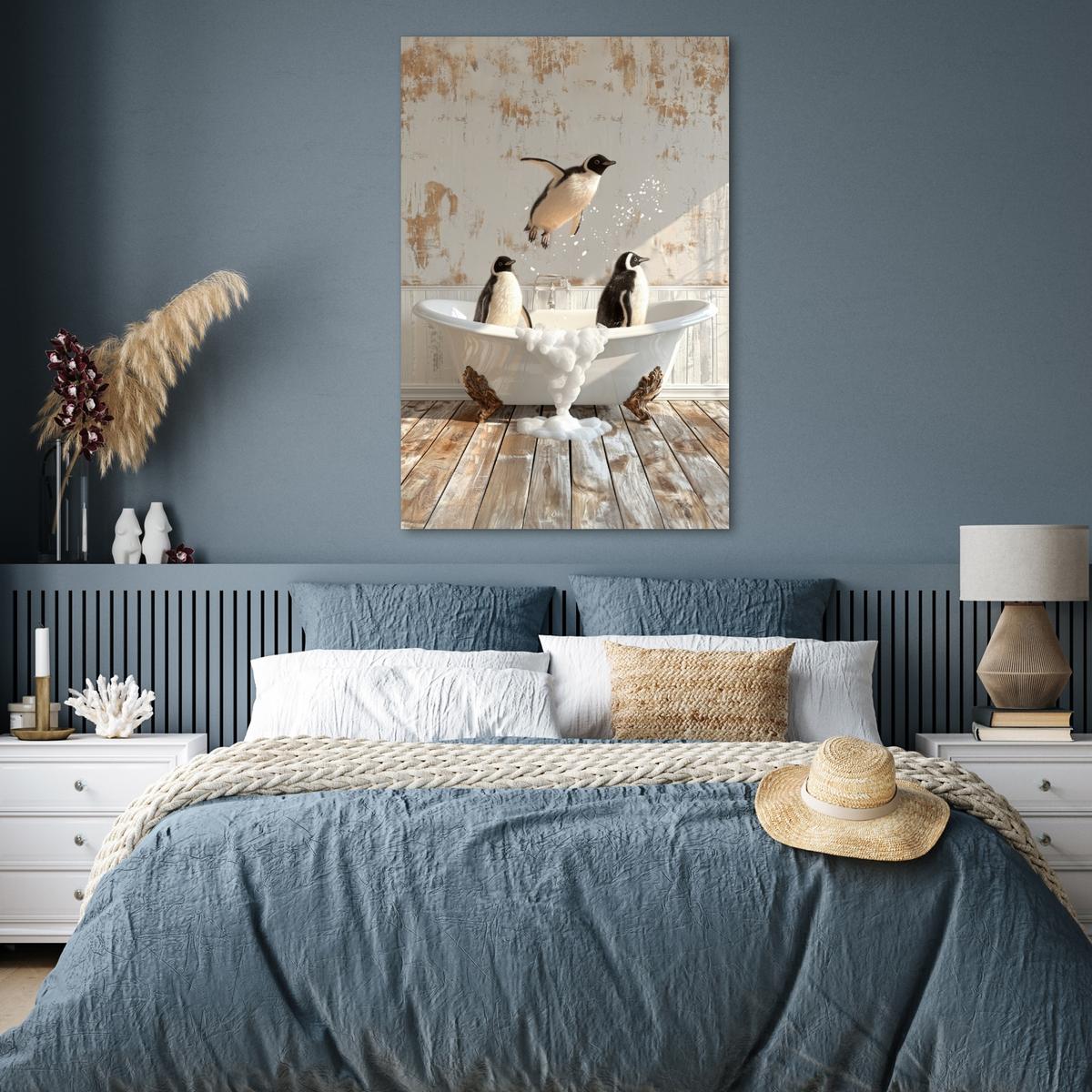 POSTER Vintage - Pinguin - Badewanne - Schaumstoff Wandbild Schlafzimmer 80x120 cm - Schwarz, Papier (80/120/0.1cm) - MuchoWow