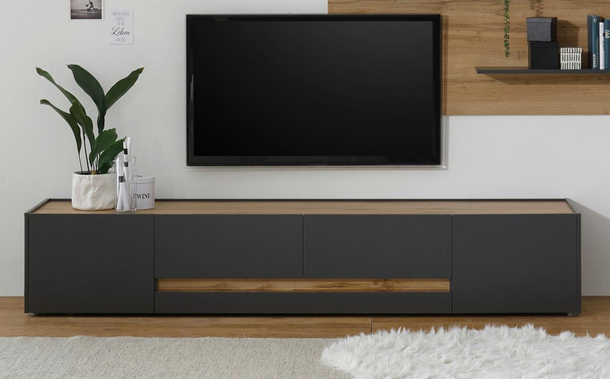 TV-LOWBOARD grau matt, Eiche Wotan 223 cm, großer TV Unterschrank mit viel Stauraum - Eiche Wotan/Schwarz, Holzwerkstoff/Kunststoff (223/40/45cm) - Furn.Design