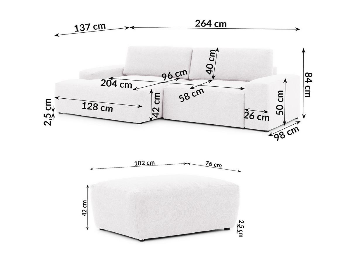 ECKSOFA inkl. Hocker Lennon aus Creme Strukturstoff mit Schlaffunktion und Bettkasten - Creme/Schwarz, Holz/Kunststoff (137/264cm) - S-Style