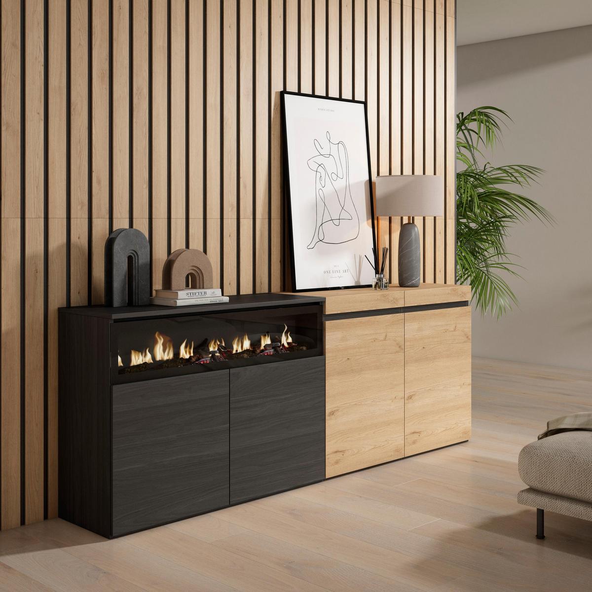SIDEBOARD Elektrokamin, eiche, schwarz, 200/35/75cm - Multicolor, Holzwerkstoff (200/75/35cm) - Skraut Home