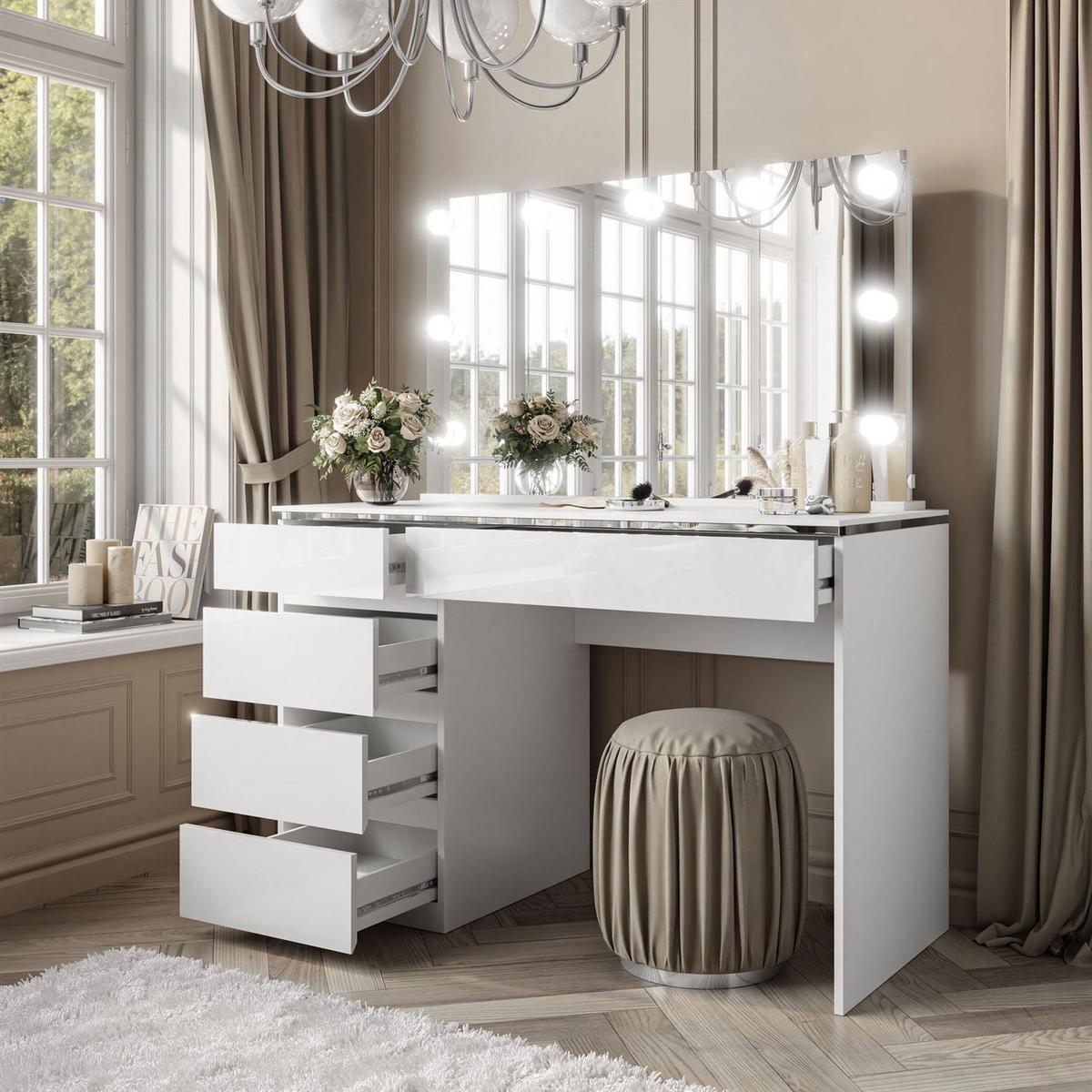SCHMINKTISCH AURORA II SILVER ELITE mit Spiegel und Beleuchtung - Weiß Hochglanz, Holzwerkstoff (120/78.5/55cm) - Lookway