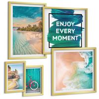 BILDER SET 5er Set - 50x50 cm & 20x30 cm & 40x60 cm Goldrahmen - Inspiration für ein Fahrrad mit Seeboot - Goldfarben, Kunststoff (40/60cm) - TULUP
