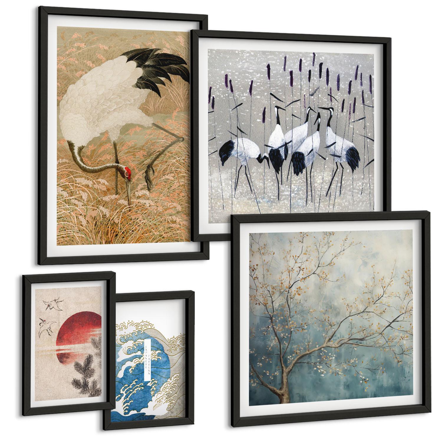BILDER SET 5er Set - 50x50 cm & 20x30 cm & 40x60 cm Schwarzer Rahmen - Japanische Kraniche Landschaft - Schwarz, Kunststoff (40/60cm) - TULUP